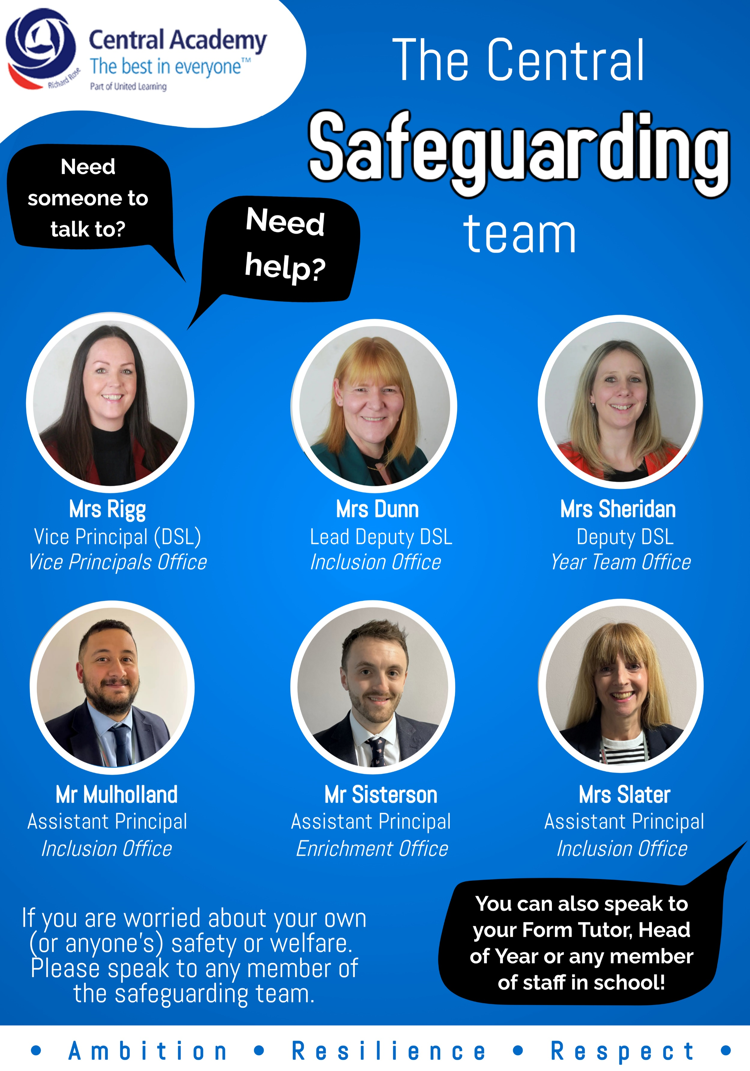 Meet our safeguarding team: Mrs Rigg, Mrs Dunn, Mrs Sheridan, Mr Mulholland, Mr Sisterson, Miss Little